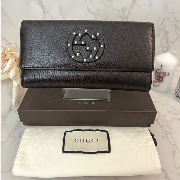 GUCCI Full Inclusion Brown Interlocking GG Studded Leather Long Wallet EUC - Picture 1 of 13